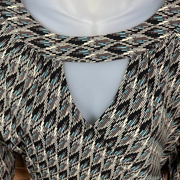 Miss Tina Midi Dress Keyhole V Neck Aztec Black Brown Tan Turquoise Print Medium - Picture 9 of 15